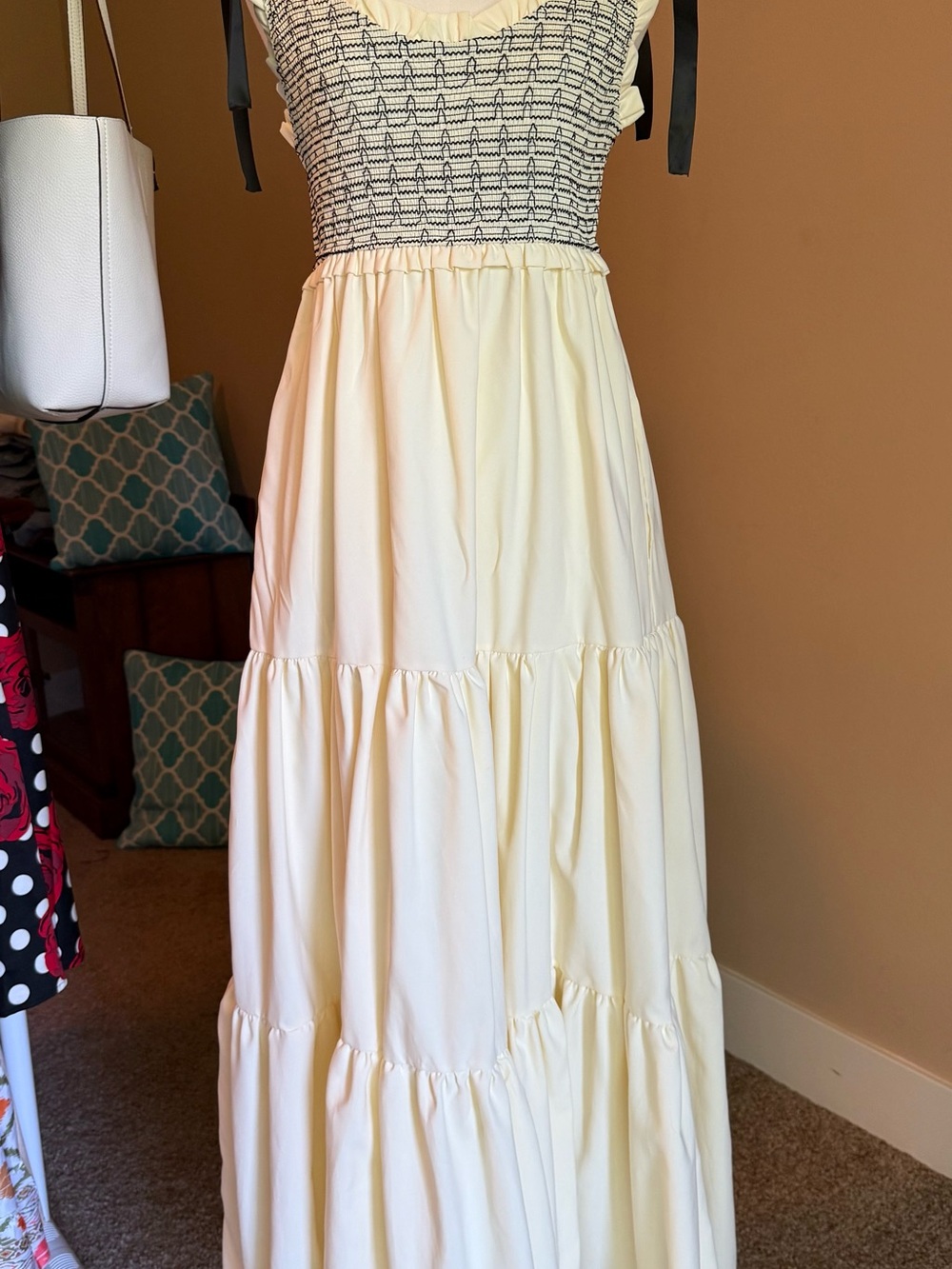 Smocked Cream/Black Tiered Maxi Dress with Tie Straps